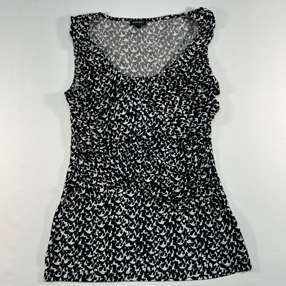 Nine West Womens Black White Abstract Print Ruched Draped Neck Sleeveless Top‎ S